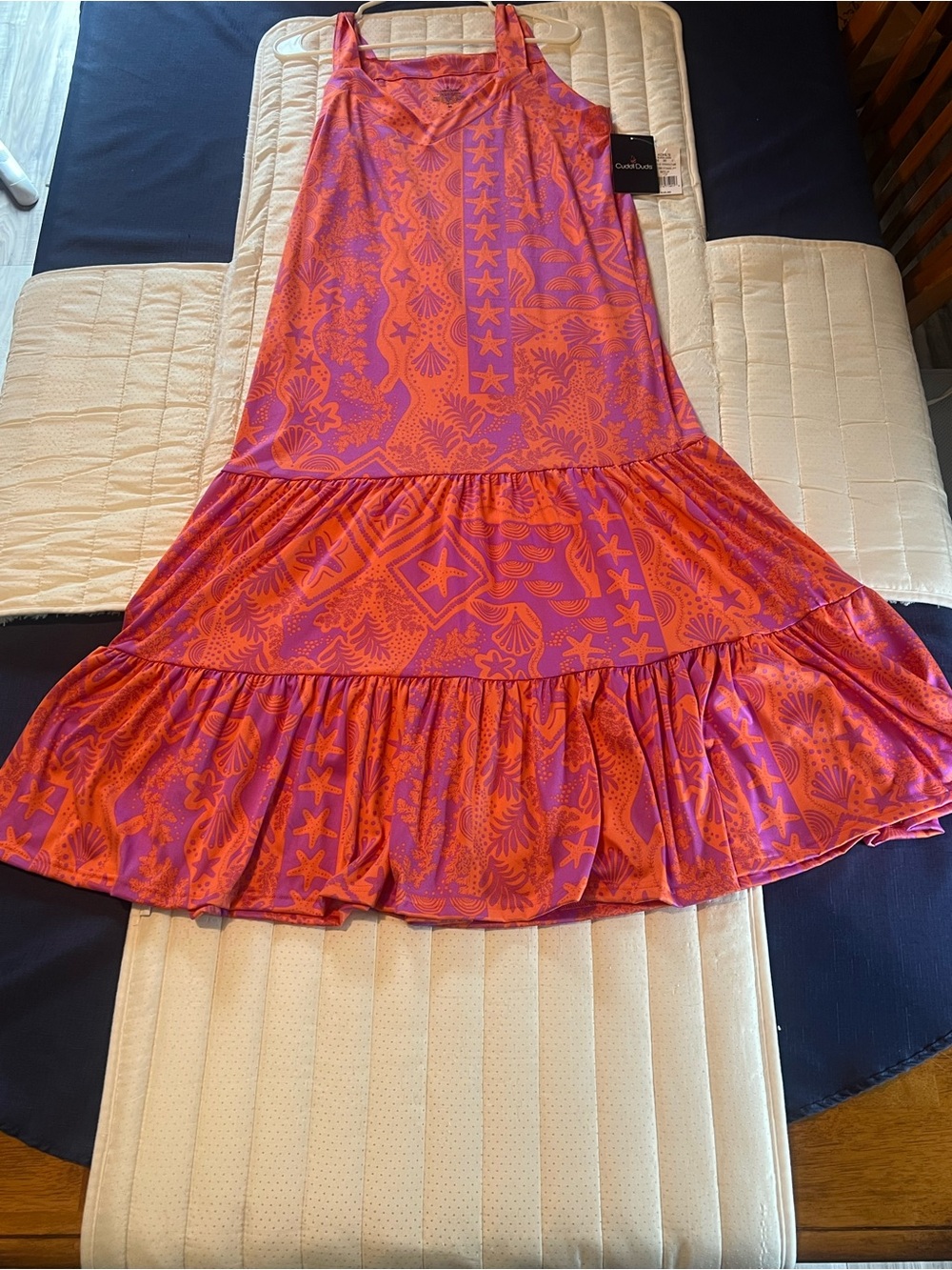Cuddl Duds Pink and Purple Tiered Maxi Skirt with Shell & Starfish Print
